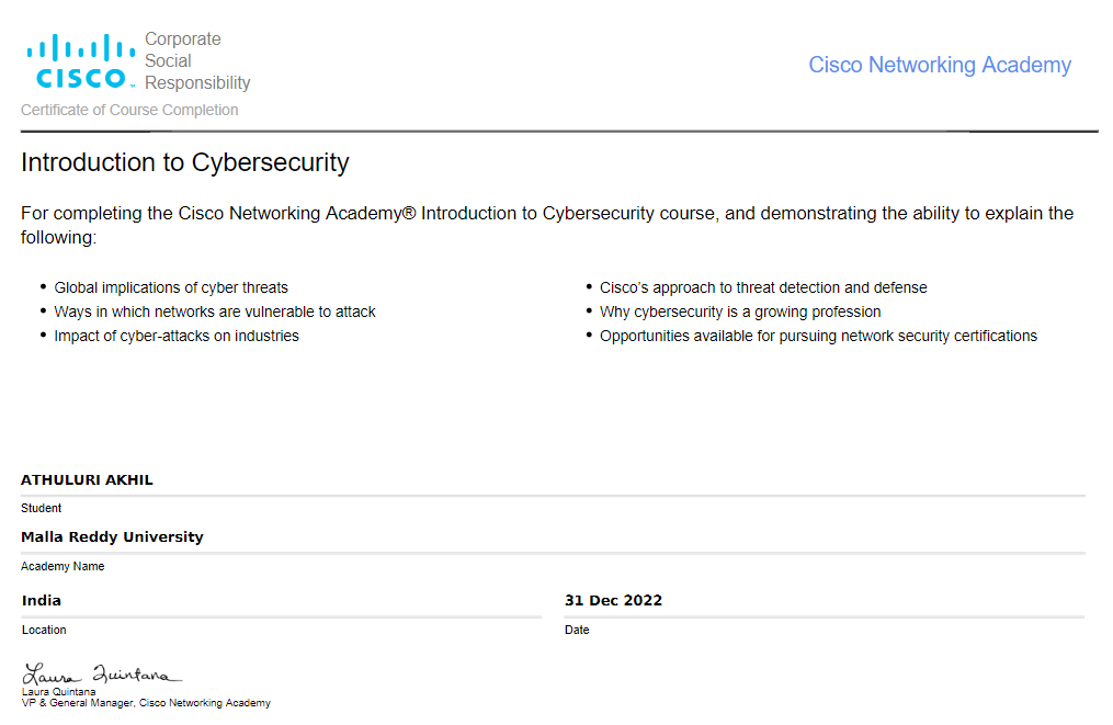 cisco Cybersecurity Certificate